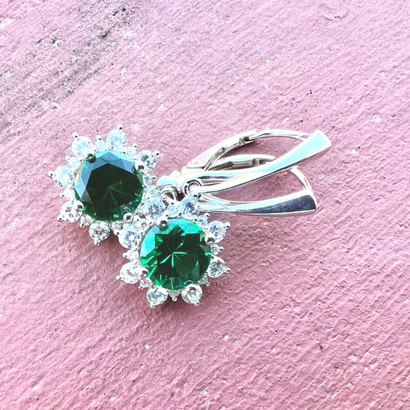 Halo Emerald Earrings Sterling Silver 925 , May Birthstone - Picture 5 of 11